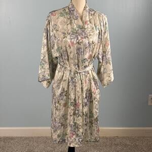 Vintage Dentelle Floral Satin Robe Medium Belted Cottagecore Housect Lounge Robe
